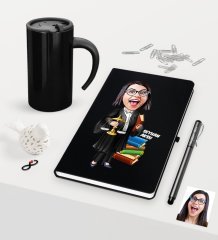 Kişiye Özel Bayan Avukat Karikatürlü Siyah Defter Kalem ve Termos Mug Seti  - 2