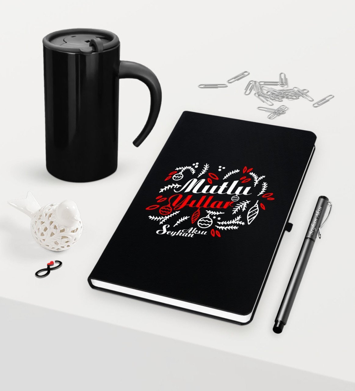 Kişiye Özel Yılbaşı Mutlu Yıllar Temalı Siyah Defter Kalem Termos Mug Seti - 6