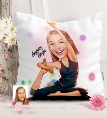 Kişiye Özel Bayan Yoga Temalı Karikatürlü Saten Yastık - 2