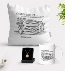 Kişiye Özel Öğretmen Beyaz Kupa Yastık ve İsimli Papatya Kolye Hediye Seti-1