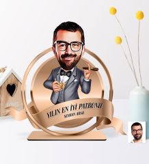 Kişiye Özel Yılın En İyi Bay Patronu Karikatürlü 3D Ahşap Biblo Plaket - 3