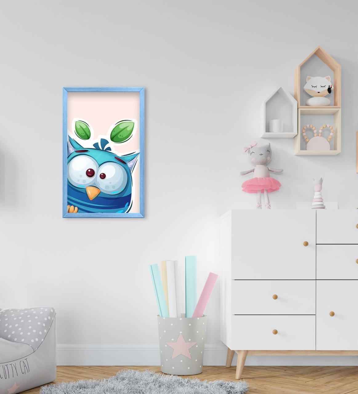 BK Home Baykuş Tasarımlı Dekoratif Mavi Ahşap Çerçeveli Çocuk Odası Tablo-1