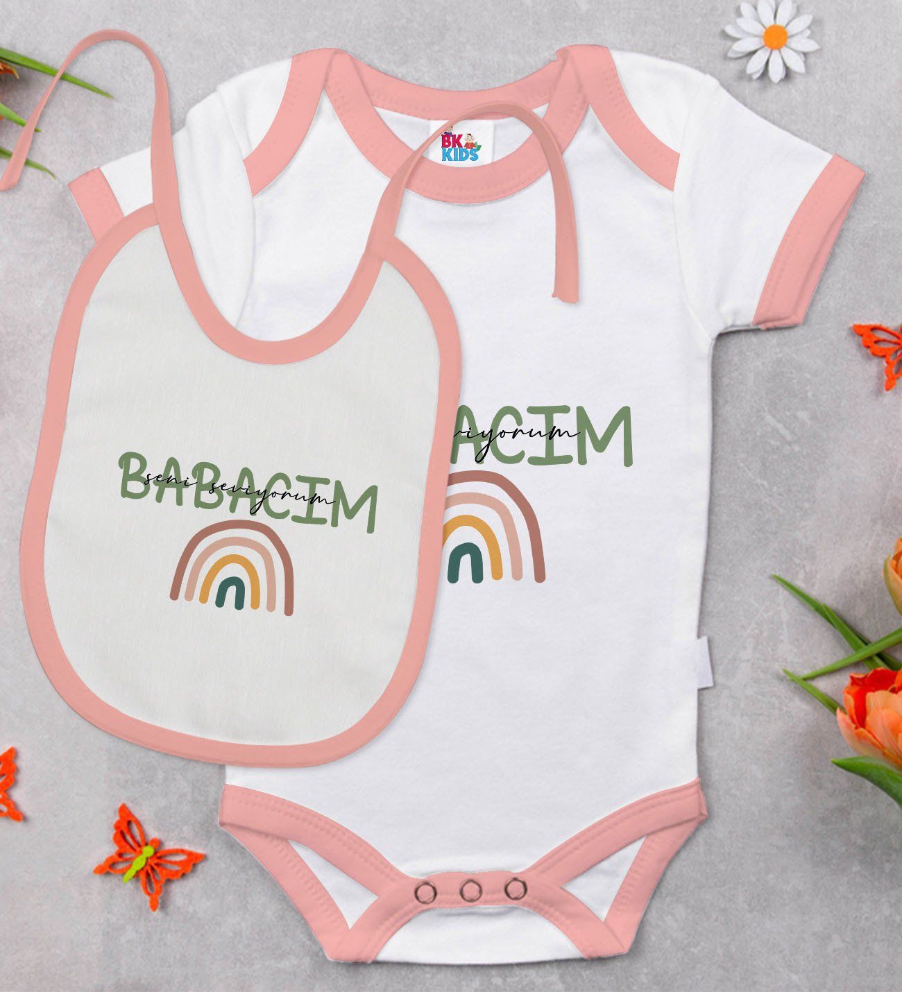 BK Kids Babacım Tasarımlı Pembe Bebek Body Zıbın ve Mama Önlüğü Hediye Seti-1