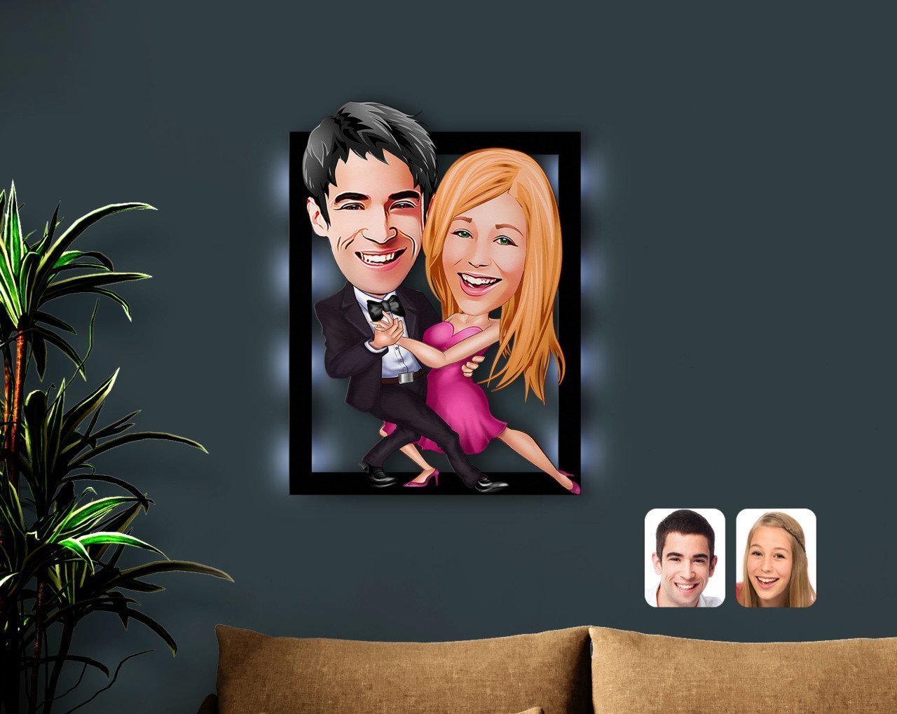 Kişiye Özel Sevgililer Karikatürlü 3D Led Işıklı Ahşap Tablo-13