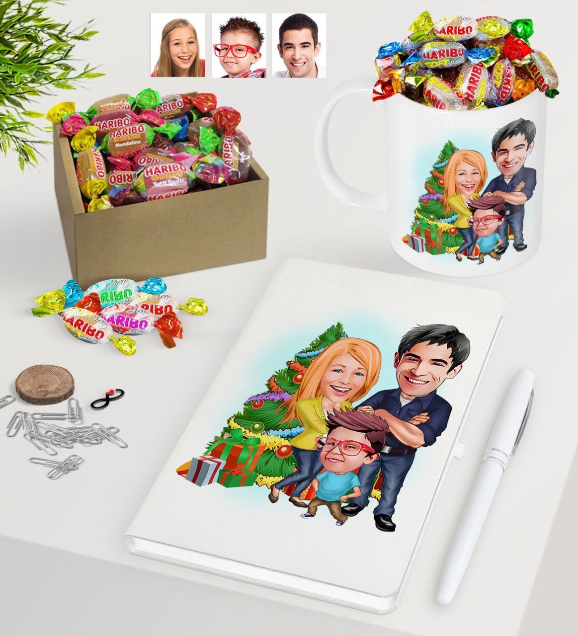Kişiye Özel Yeni Yıl Aile Karikatürlü Beyaz Defter Kalem Kupa ve Kutulu Haribo Şeker Hediye Seti-3