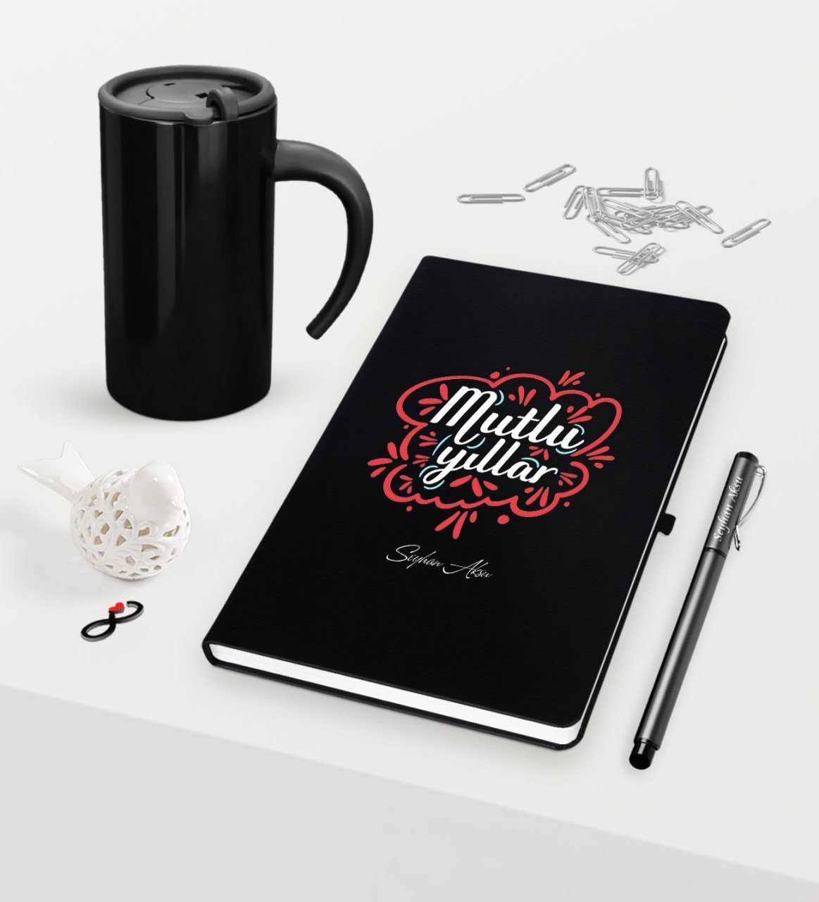 Kişiye Özel Yılbaşı Mutlu Yıllar Temalı Siyah Defter Kalem Termos Mug Seti - 5