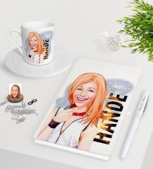Kişiye Özel Bayan Karikatürlü Beyaz Defter Kalem Türk Kahvesi Fincanı Seti-35