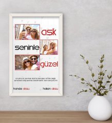 Kişiye Özel Aşk Seninle Güzel Temalı Dekoratif Ahşap Beyaz Çerçeveli Tablo 40x25cm-1
