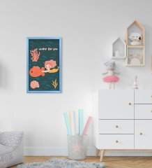 BK Home Balık ve Deniz Kızı Tasarımlı Dekoratif Mavi Ahşap Çerçeveli Çocuk Odası Tablo-1