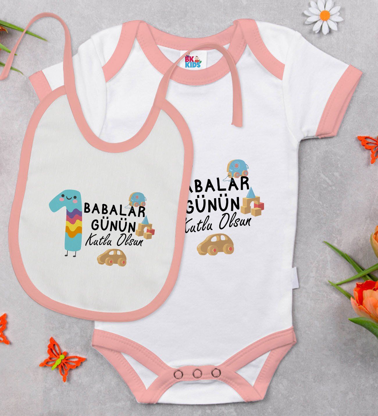BK Kids İlk Babalar Günü Tasarımlı Pembe Bebek Body Zıbın ve Mama Önlüğü Hediye Seti-2