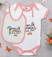 BK Kids İlk Babalar Günü Tasarımlı Pembe Bebek Body Zıbın ve Mama Önlüğü Hediye Seti-2