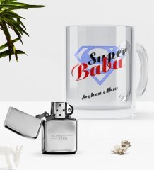 Kişiye Özel Süper Baba Cam Kupa Bardak Benzinli Metal Çakmak Seti-5