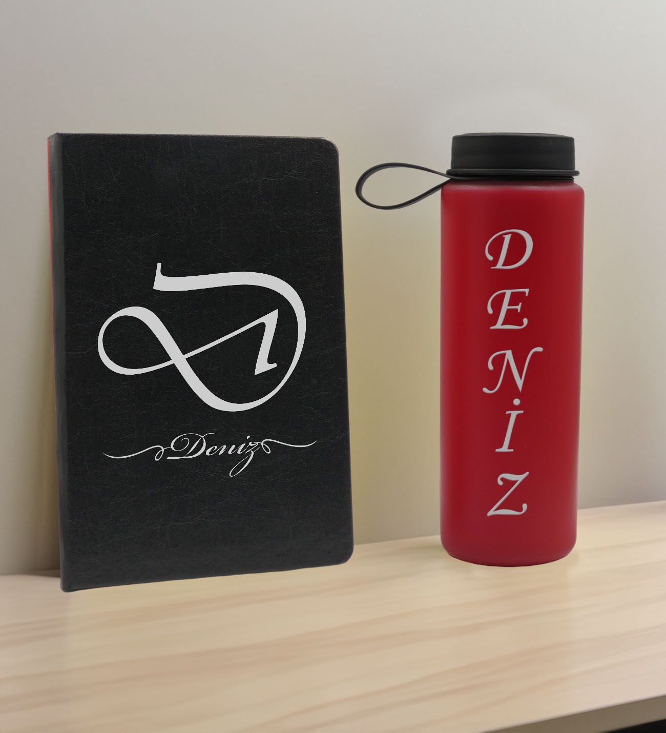 BK Gift Kişiye  Özel İsimli Siyah Defter ve Kırmızı Cam Matara Hediye Seti-2, Sevgiliye Hediye, Arkadaşa Hediye, Yeni İş Hediyesi