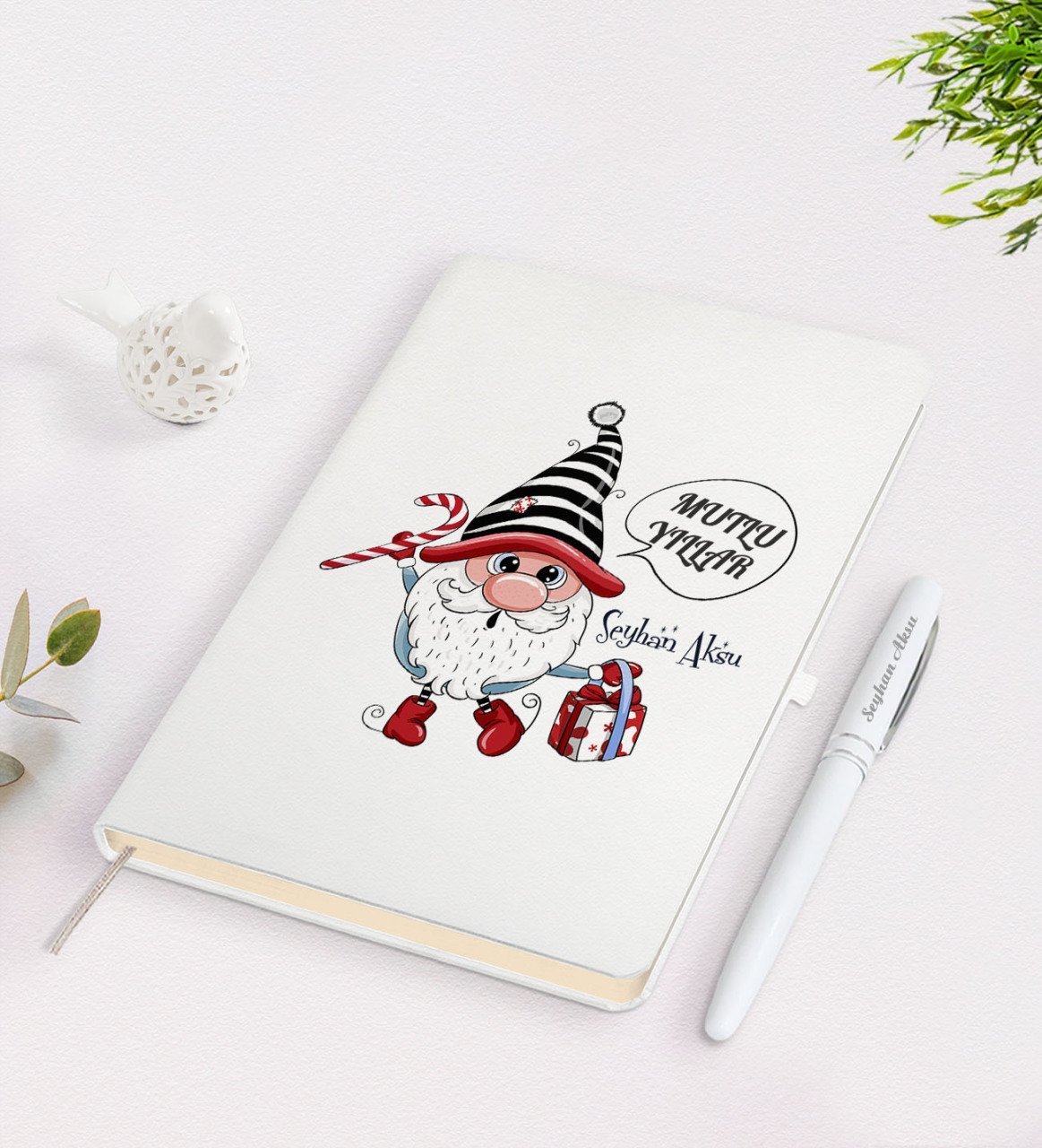 Kişiye Özel Mutlu Yıllar Tasarımlı Beyaz Defter ve Kalem Seti - 12