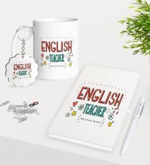 Kişiye Özel İngilizce Öğretmeni Kupa Anahtarlık Beyaz Defter Kalem Hediye Seti-5