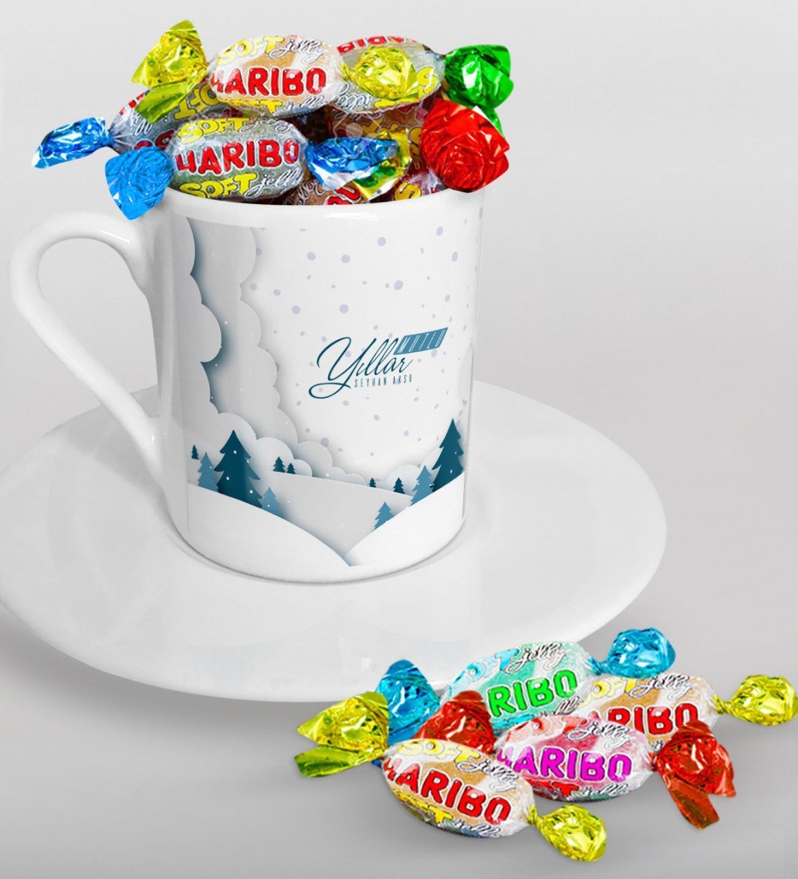 Kişiye Özel Yılbaşı Mutlu Yıllar Türk Kahvesi Fincanı ve Haribo Şeker Hediye Seti-26