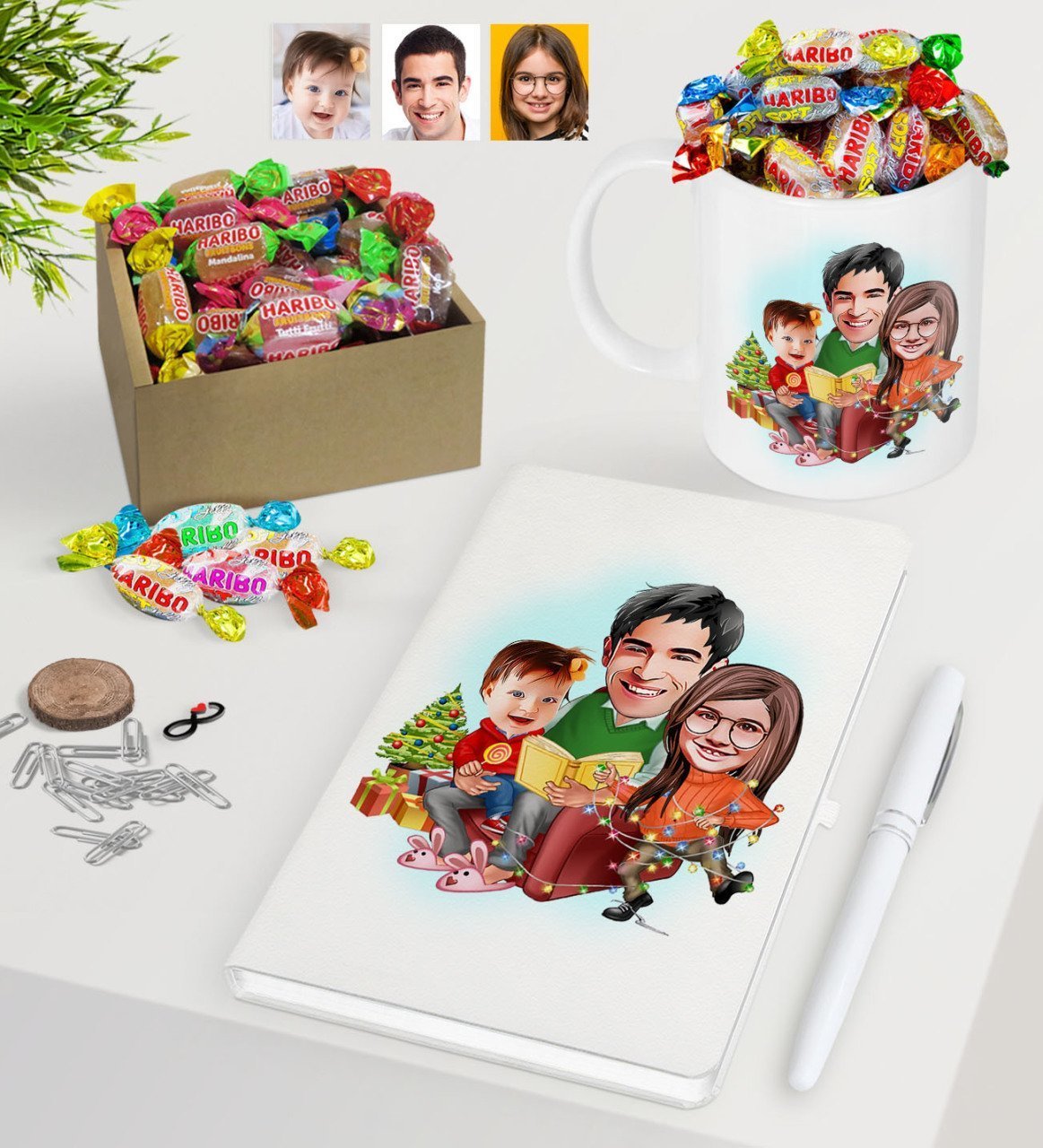 Kişiye Özel Yeni Yıl Aile Karikatürlü Beyaz Defter Kalem Kupa ve Kutulu Haribo Şeker Hediye Seti-2