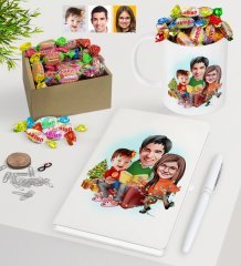 Kişiye Özel Yeni Yıl Aile Karikatürlü Beyaz Defter Kalem Kupa ve Kutulu Haribo Şeker Hediye Seti-2