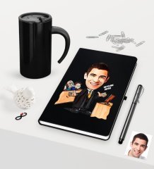 Kişiye Özel Bay Avukat Karikatürlü Siyah Defter Kalem ve Termos Mug Seti  - 3