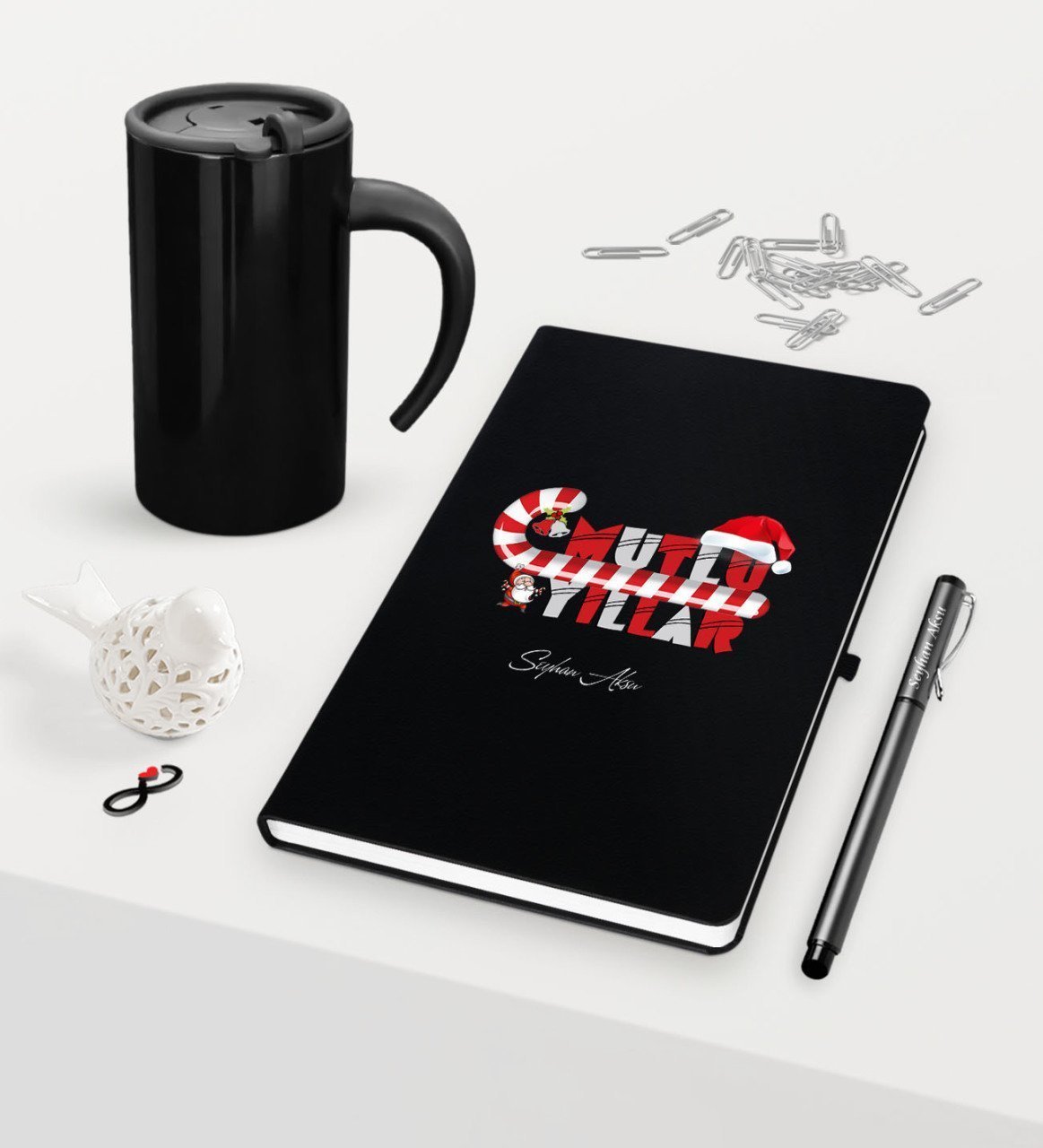 Kişiye Özel Yılbaşı Mutlu Yıllar Temalı Siyah Defter Kalem Termos Mug Seti - 2