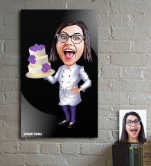 Kişiye Özel Bayan Pasta Şefi Karikatür Ahşap Tablo - 1