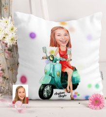 Kişiye Özel Bayan Vespa Temalı Karikatürlü Saten Yastık