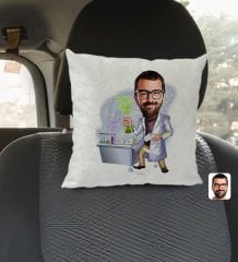 Kişiye Özel Erkek Kimya Öğretmeni Karikatürlü Kare Araç Koltuk Yastığı-2