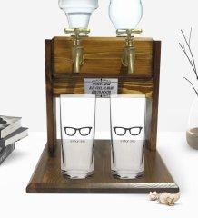 Kişiye Özel Renkli Baskılı İsimli İkili Rakı Bardağı ve Çift Musluklu Doğal Ahşap Rakı Standı-129