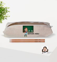 Çocuklara Özel İsimli Sınıflı Kız Öğrenci Karikatürlü Keten Okul Kalemliği ve Ahşap Kurşun Kalem Hediye Seti-1