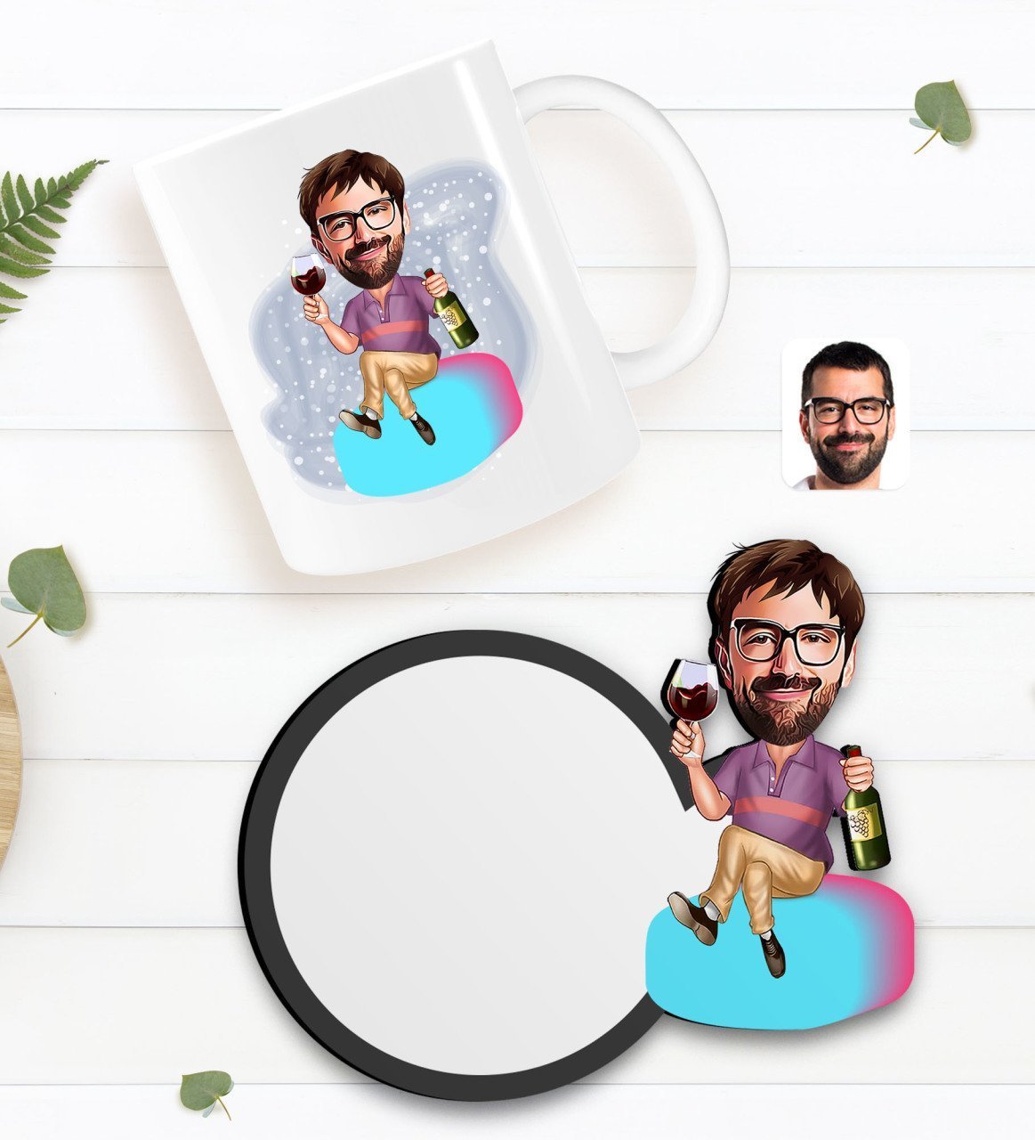 Kişiye Özel Erkek Karikatürlü Beyaz Kupa ve Ahşap Bardak Altlığı Hediye Seti-2