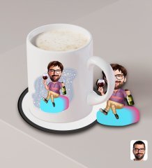 Kişiye Özel Erkek Karikatürlü Beyaz Kupa ve Ahşap Bardak Altlığı Hediye Seti-2
