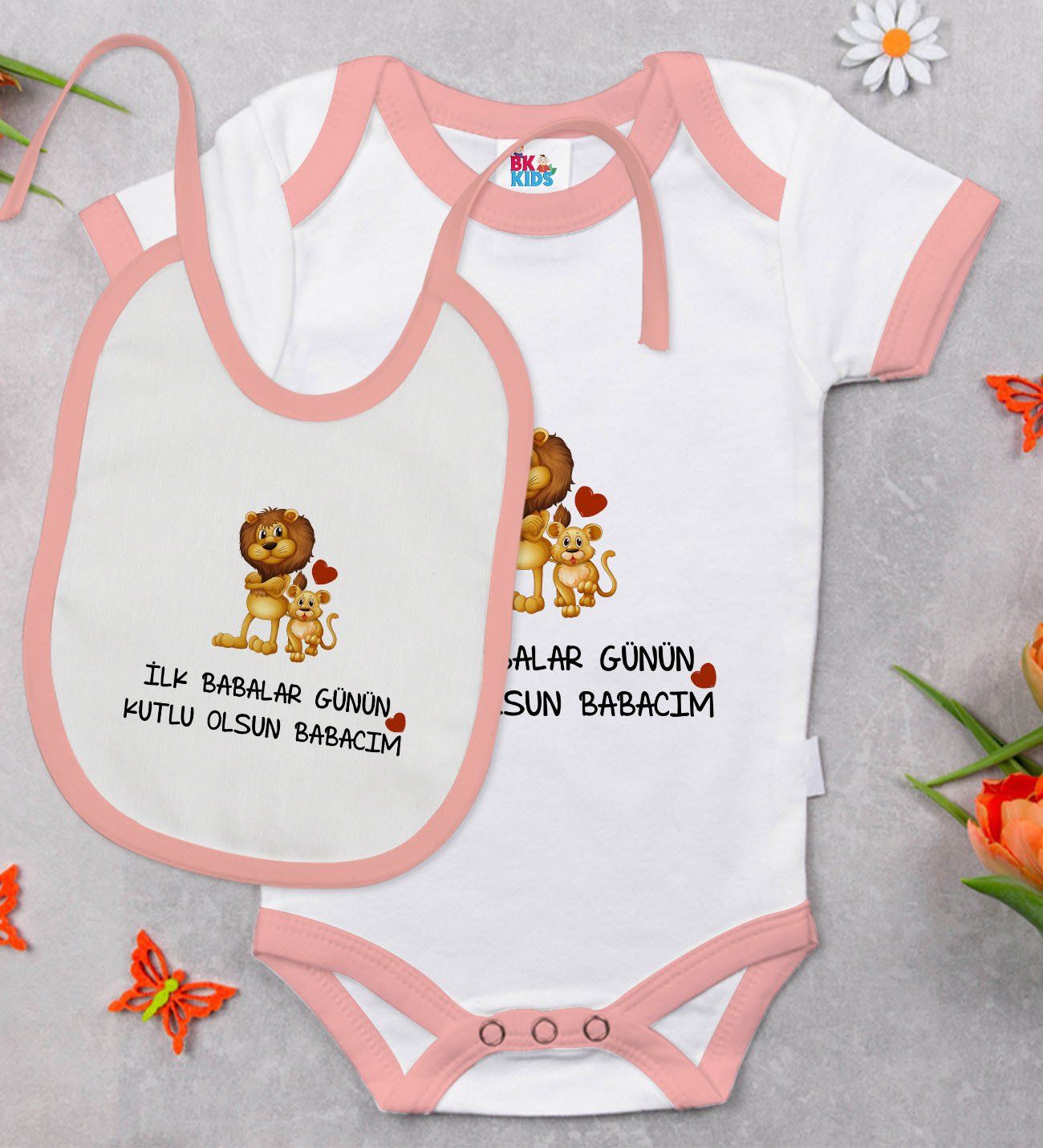 BK Kids İlk Babalar Günü Tasarımlı Pembe Bebek Body Zıbın ve Mama Önlüğü Hediye Seti-1