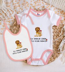 BK Kids İlk Babalar Günü Tasarımlı Pembe Bebek Body Zıbın ve Mama Önlüğü Hediye Seti-1