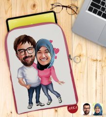 Kişiye Özel Sevgililer Karikatürlü Taşınabilir Koruyucu Tablet Kılıfı & Organizer Çanta - Pembe-58