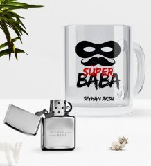 Kişiye Özel Süper Baba Cam Kupa Bardak Benzinli Metal Çakmak Seti-4