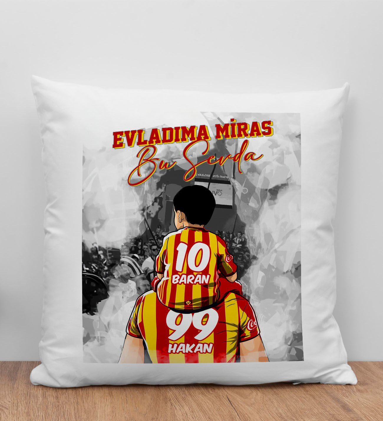 BK Gift Kişiye Özel İsimli Baba-Oğul Sarı Kırmızı Evladıma Miras Bu Sevda Beyaz Kırlent Yastık-1, Doğum Günü Hediyesi, Taraftar Hediyesi