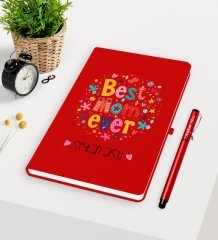 Kişiye Özel En İyi Anne Kırmızı Defter Kalem Seti - 5
