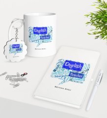 Kişiye Özel İngilizce Öğretmeni Kupa Anahtarlık Beyaz Defter Kalem Hediye Seti-4