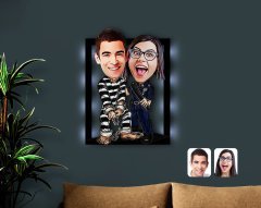 Kişiye Özel Sevgililer Karikatürlü 3D Led Işıklı Ahşap Tablo-7