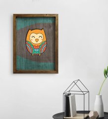 BK Home Baykuş Tasarımlı Doğal Masif Ahşap Çerçeveli Tablo 45x65cm-4