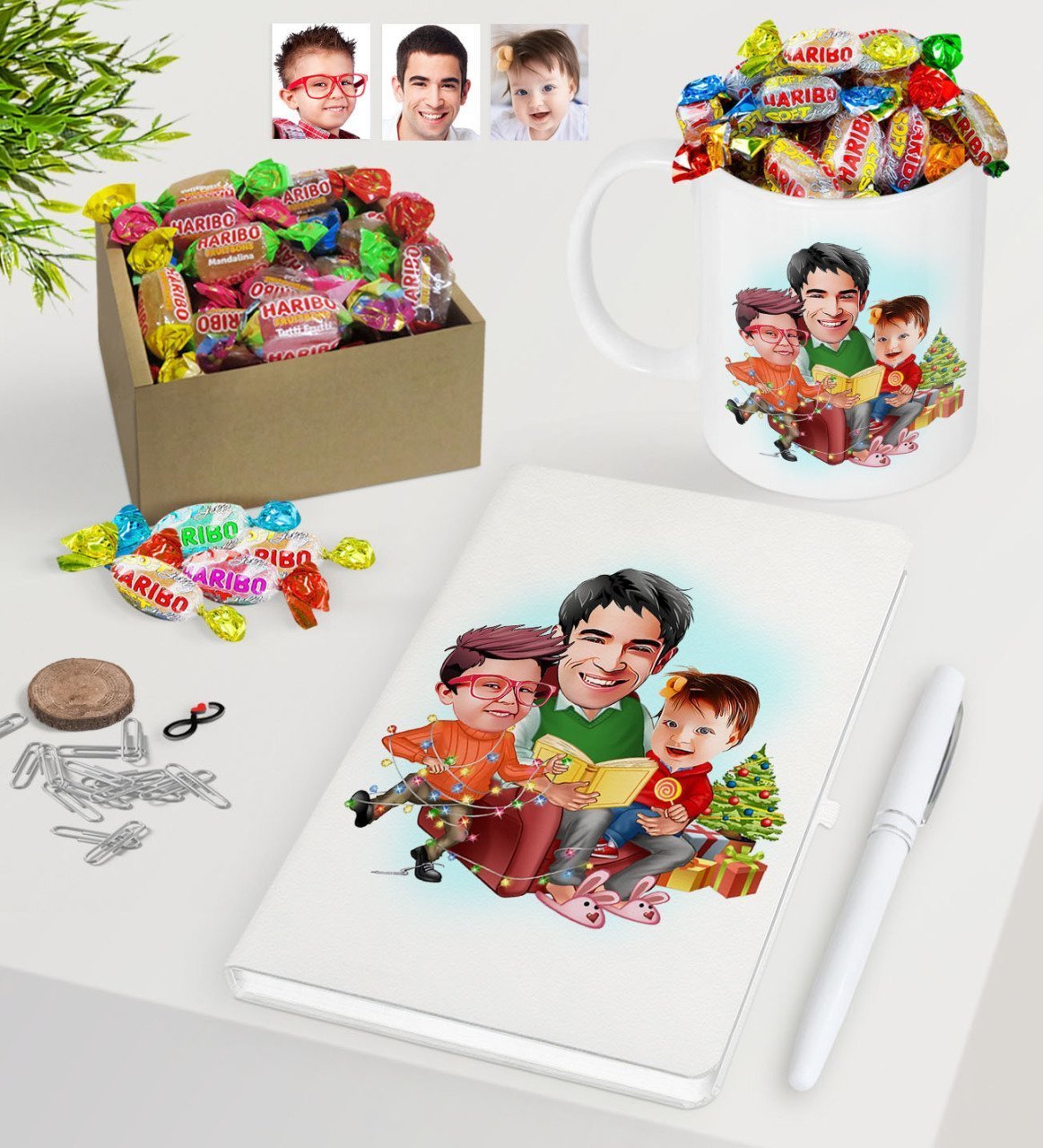 Kişiye Özel Yeni Yıl Aile Karikatürlü Beyaz Defter Kalem Kupa ve Kutulu Haribo Şeker Hediye Seti-1