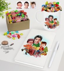 Kişiye Özel Yeni Yıl Aile Karikatürlü Beyaz Defter Kalem Kupa ve Kutulu Haribo Şeker Hediye Seti-1
