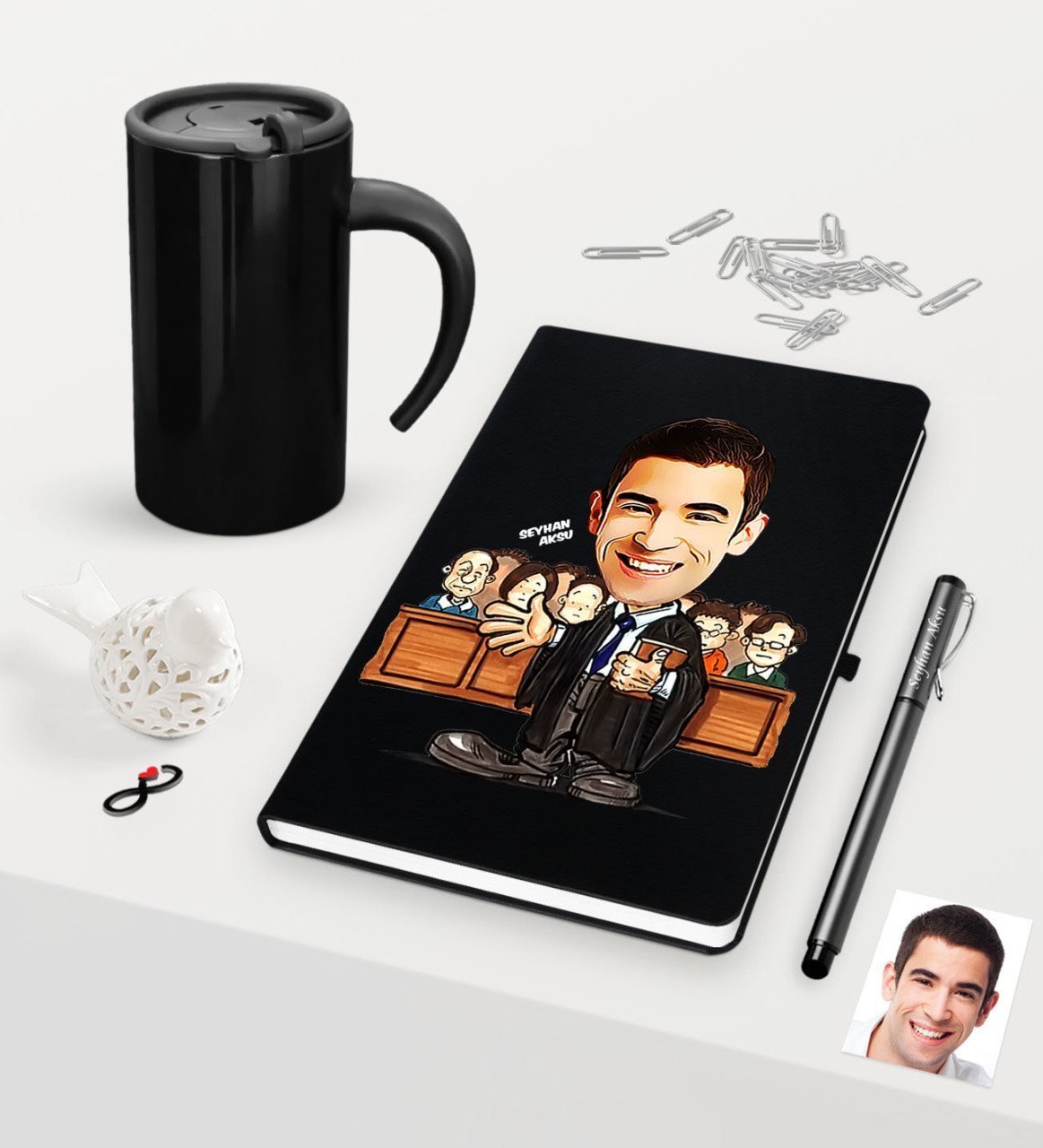 Kişiye Özel Bay Avukat Karikatürlü Siyah Defter Kalem ve Termos Mug Seti  - 2