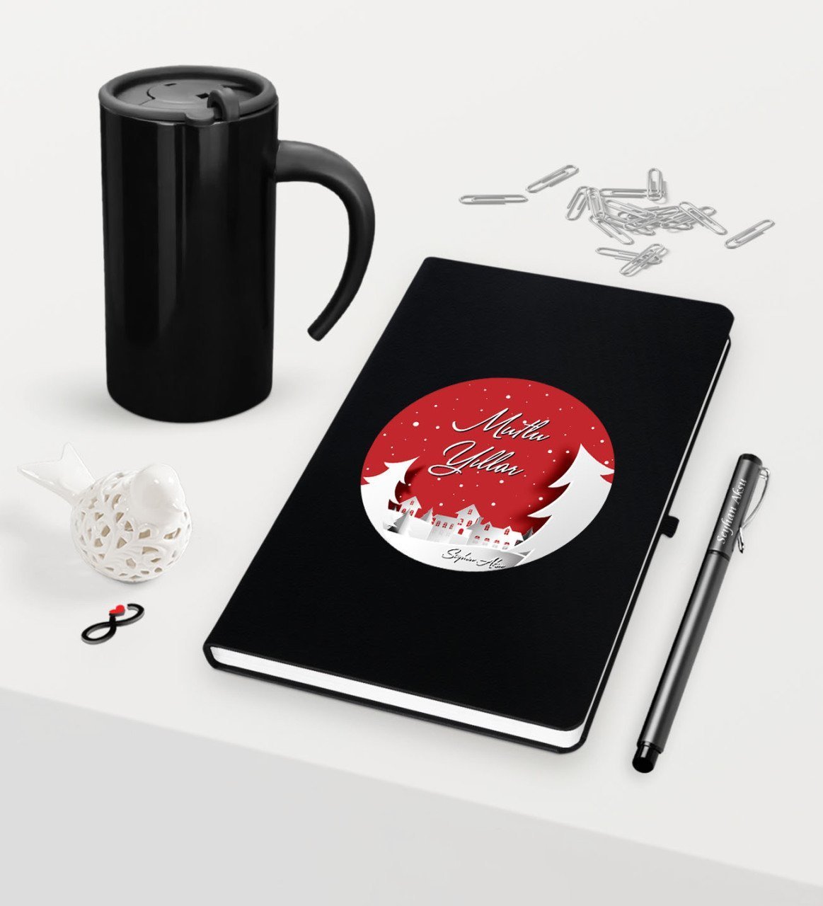 Kişiye Özel Yılbaşı Mutlu Yıllar Temalı Siyah Defter Kalem Termos Mug Seti - 1
