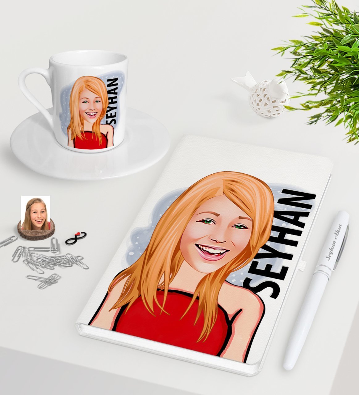 Kişiye Özel Bayan Karikatürlü Beyaz Defter Kalem Türk Kahvesi Fincanı Seti-33