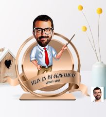 Kişiye Özel Yılın En İyi Bay Öğretmeni Karikatürlü 3D Ahşap Biblo Plaket - 1