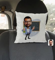 Kişiye Özel Erkek Kimya Öğretmeni Karikatürlü Kare Araç Koltuk Yastığı-1