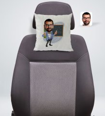 Kişiye Özel Erkek Kimya Öğretmeni Karikatürlü Kare Araç Koltuk Yastığı-1