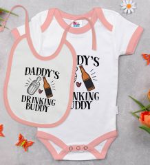 BK Kids Daddy's Drinking Buddy Tasarımlı Pembe Bebek Body Zıbın ve Mama Önlüğü Hediye Seti-1