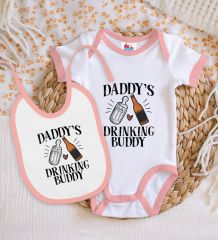 BK Kids Daddy's Drinking Buddy Tasarımlı Pembe Bebek Body Zıbın ve Mama Önlüğü Hediye Seti-1